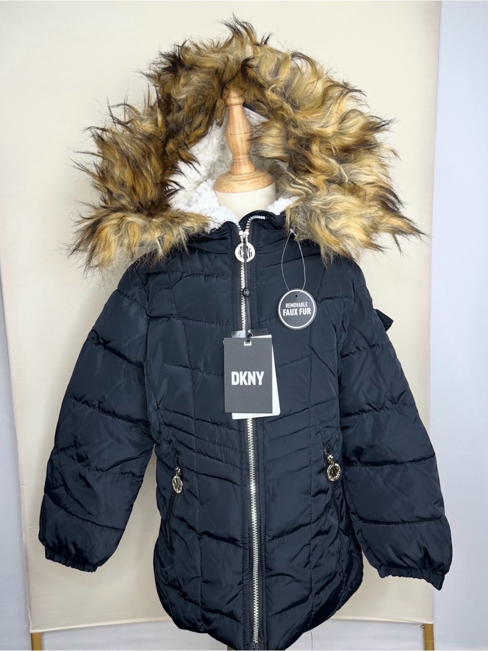 DKNY Black Girls' Hooded Puffer Coat with Faux-Fur Trim